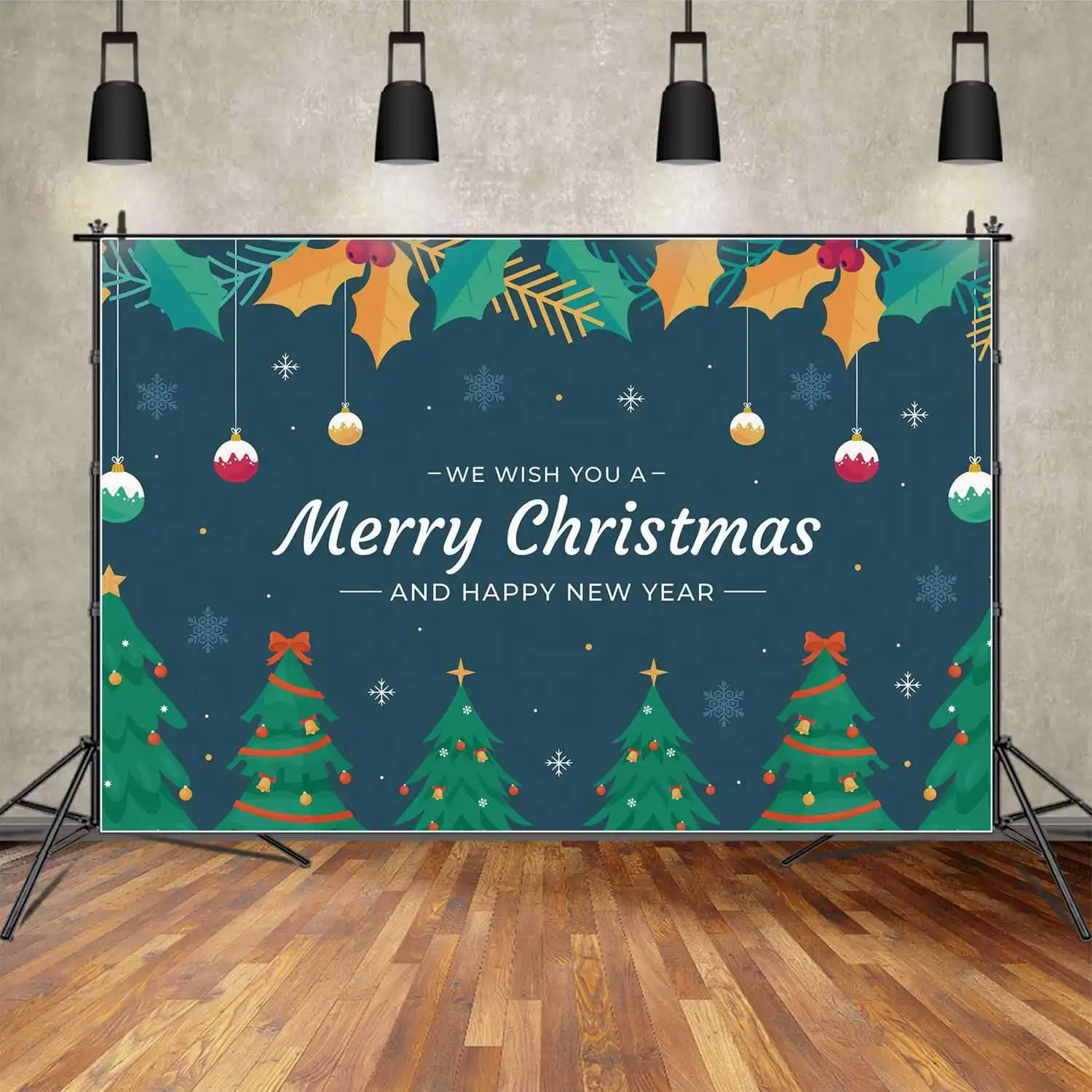 

MOON.QG Backdrop Merry Christmas Tree Banner Party Decoration Background Blue Snowflake Sky Bean Green Pine Photo Booth Props