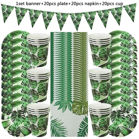 

61pcs Hawaiian Luau Party Decoration Palm Leaf Disposable Tableware Paper Plate Cup Tropical Summer Birthday Party Wedding Decor