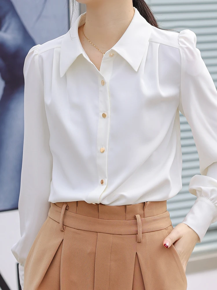 

QOERLIN S-XXL White Shirts Office Ladies Turn-Down Collar Metal Button Up Blouse Long Sleeve Loose Elegant Bussiness Tops Shirts