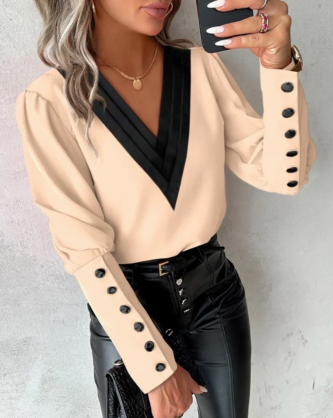 

Fashion Woman Blouse Spring Contrast Paneled Gigot Sleeve Buttoned Casual V-Neck Long Sleeve Ruched Daily Top Y2K Clothes