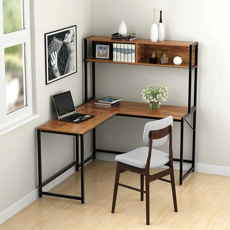 

Заводские деревянные L-образные компьютерные столы, Рабочий стол с металлической рамой, офисная мебель для дома, гостиной, угловой компьютерный стол с полками