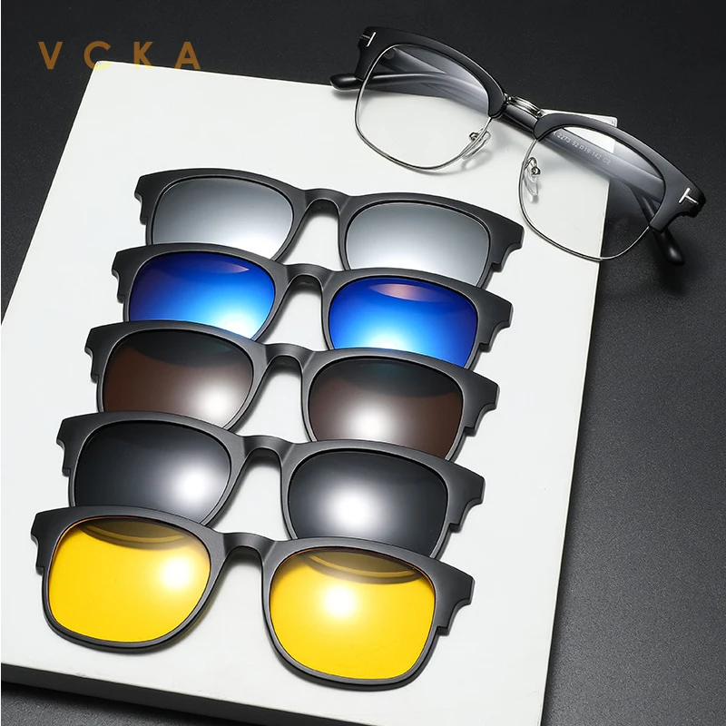 

VCKA 6 In 1 Magnetic Sunglasses prescription Spectacles Men Women Polarized Polaroid Night Vision Lenses Glasses -0.5 TO -6.0