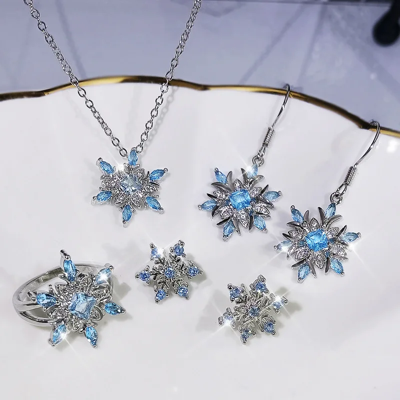 Trendy Snow Flower Gemstone Jewelry Set Silver Color Blue Zircon Pendant Necklaces Opening Rings Earing For Women Gift
Trendy Snow Flower Gemstone Jewelry Set Silver Color Blue Zircon Pendant Necklaces Opening Rings Earing For Women Gift
