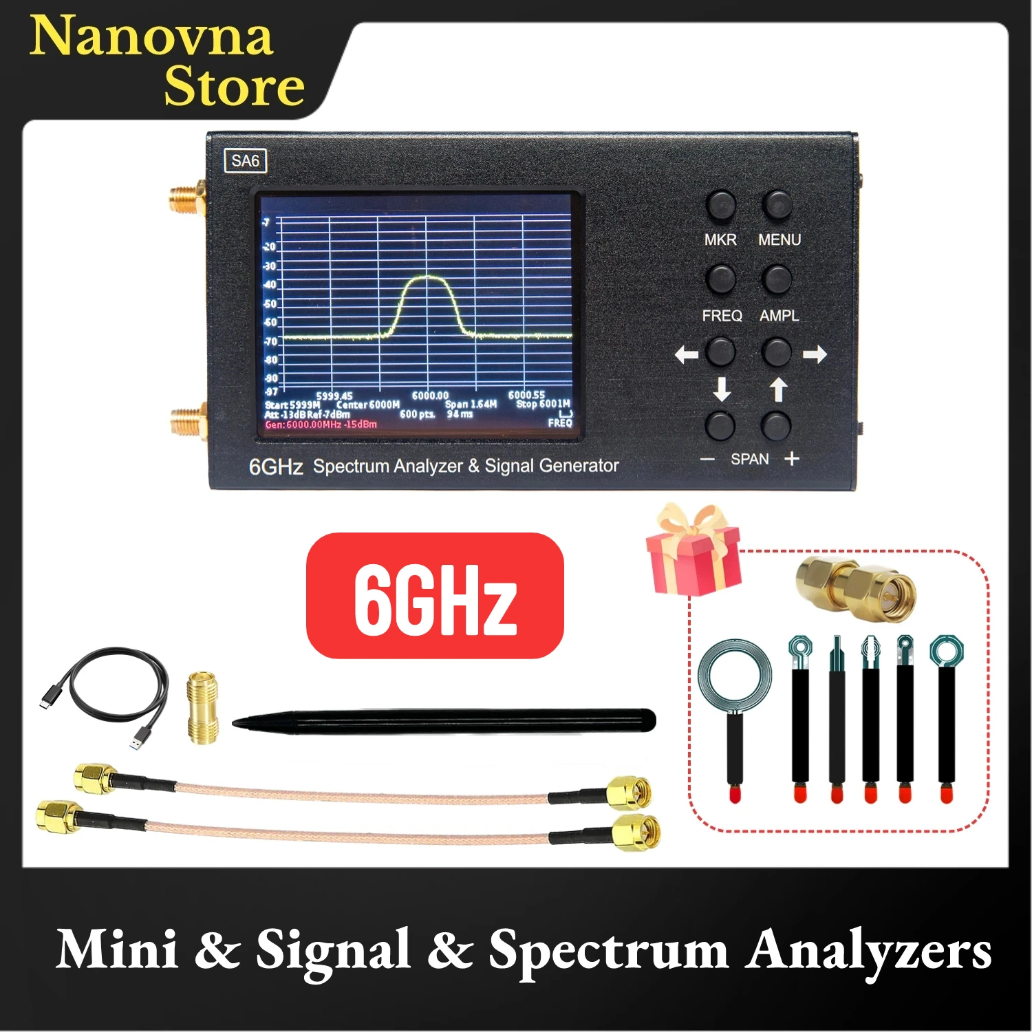 

Портативный анализатор спектра SA6 6 ГГц и генератор сигналов, сенсорный экран 3,2 дюйма, встроенный аккумулятор, вход RF 35 ~ 6200 МГц, управление ПК
