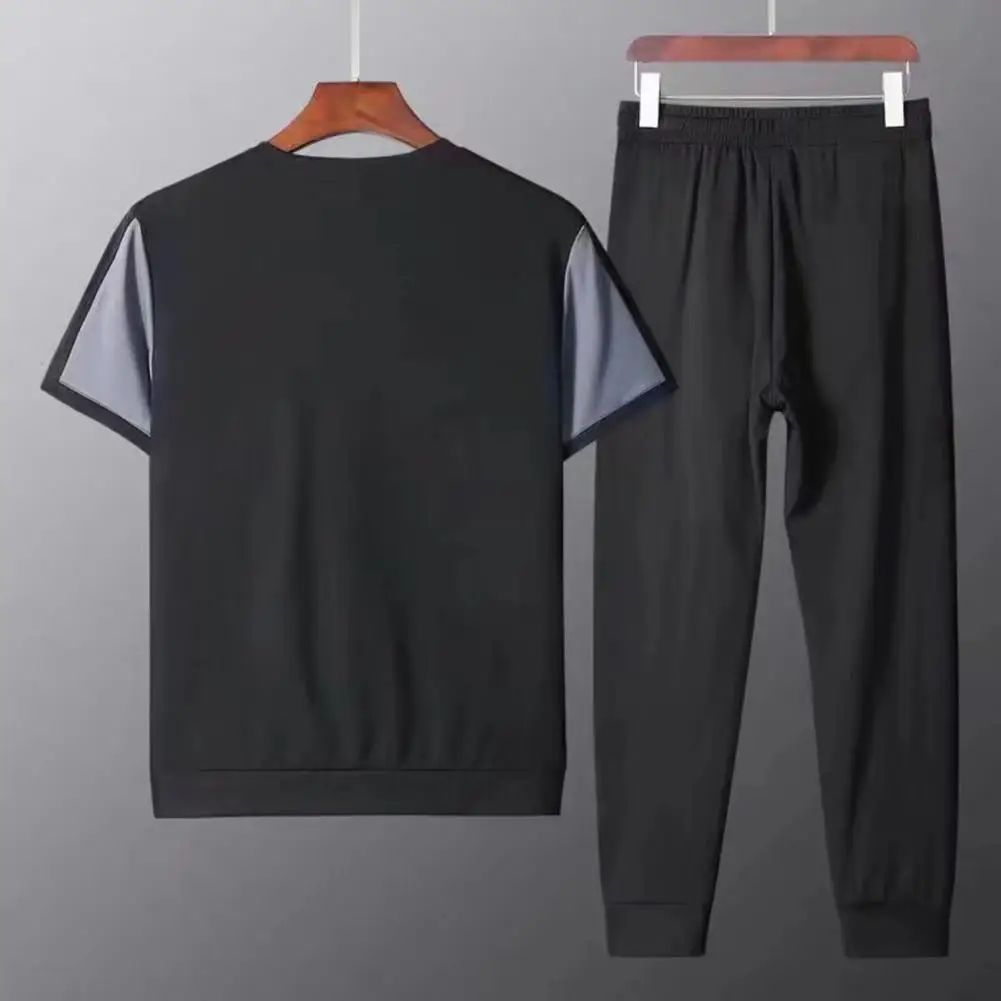 

2Pcs/Set Summer Tracksuit Mid-rise Casual Outfit Drawstring Trendy Men Loose T-shirt Jogger Pants Outfit Daily Garment