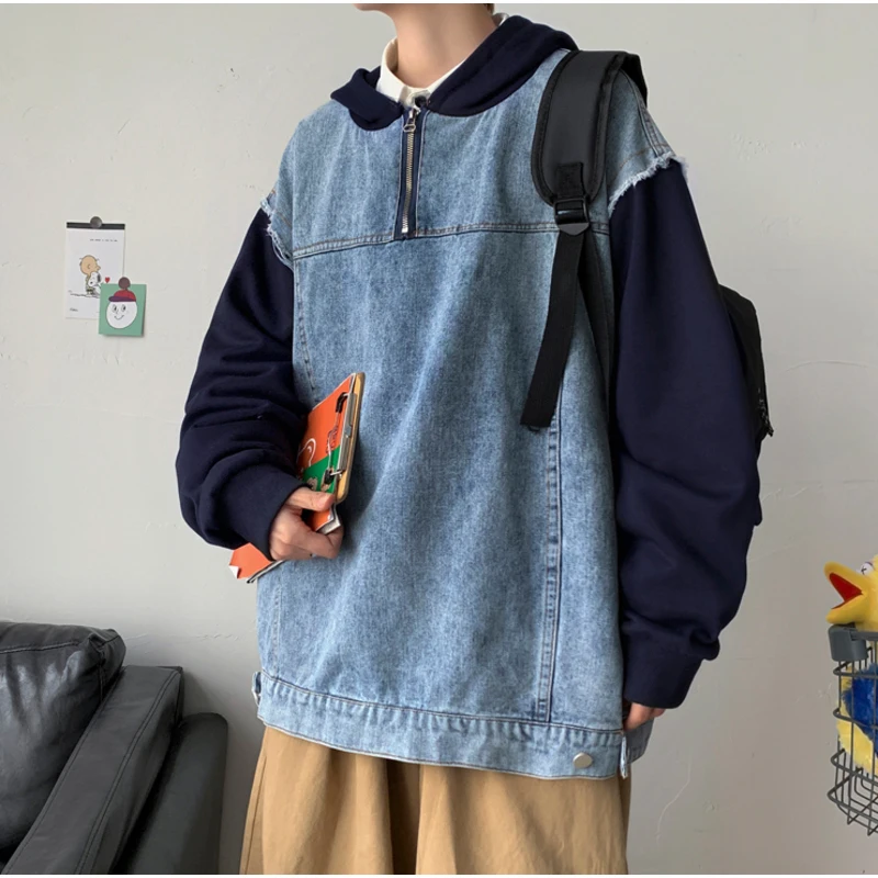 Long Sleeve Hooded Sweater Spliced Jean Jacket Men Loose Fashion Patchwork Casual Autumn Hoodies Pullovers Hoody Coat Harajuku
Long Sleeve Hooded Sweater Spliced Jean Jacket Men Loose Fashion Patchwork Casual Autumn Hoodies Pullovers Hoody Coat Harajuku