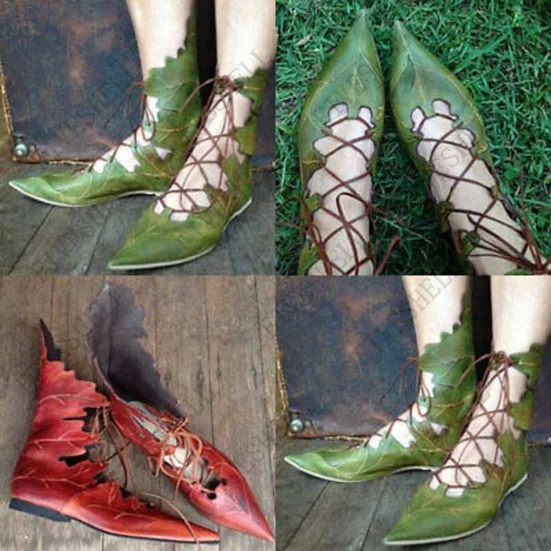 

Medieval Retro Women Gothic Elf Witch Leaves Lace Up Shoes Cosplay Costume Vintage Princess Palace Carnival Party Knight Boots