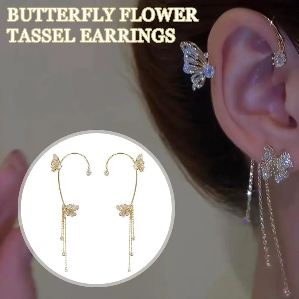 

Korean Sparkling Zircon Flower Butterfly Ear Cuff Without Piercing Tassel Clip Earrings for Women Simple Ear Clip Fine Jewe Z7Y7