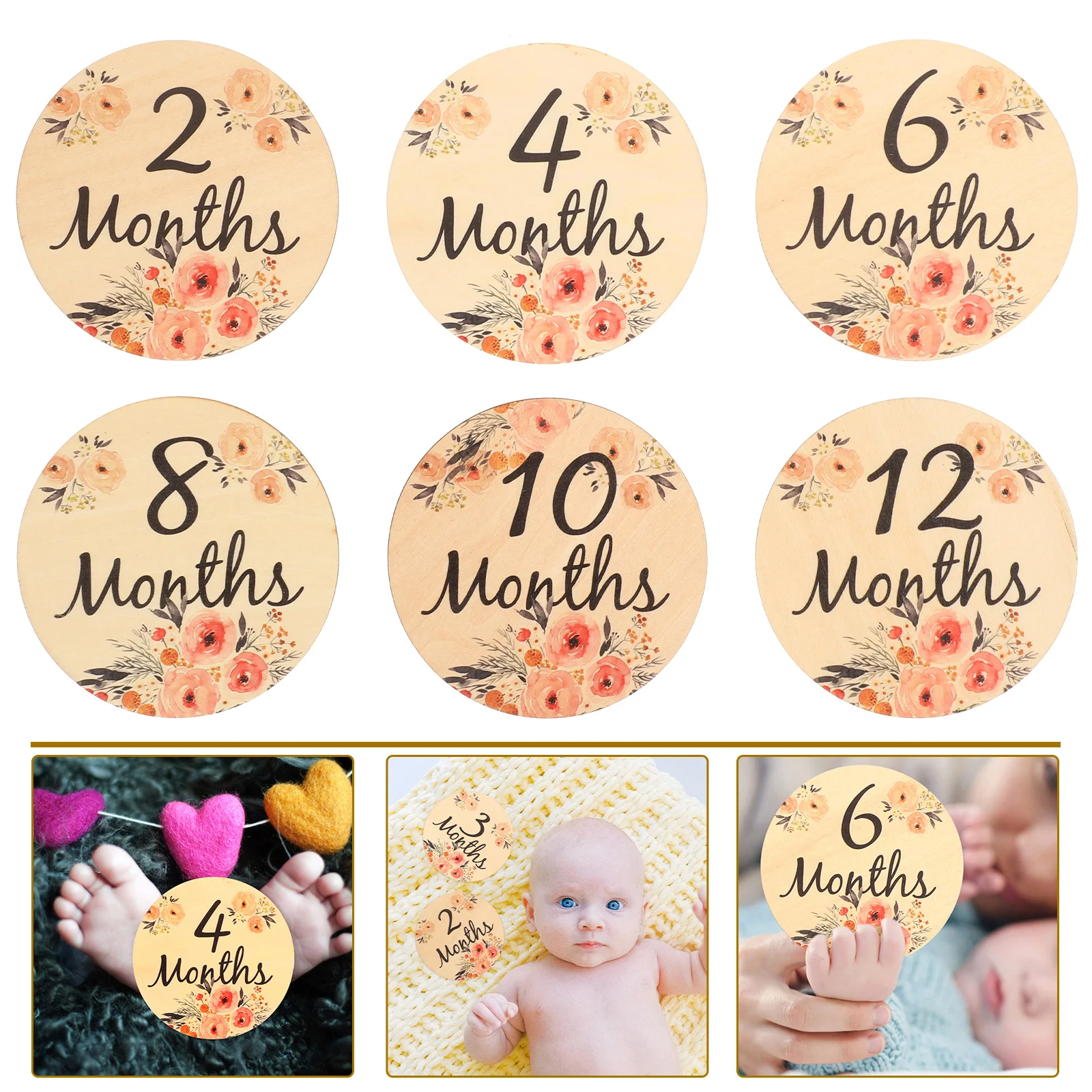 

6 Pcs Milestone Card Monthly Discs Emblems Commemorate Baby Cards Sign Newborn Wood Double-sided Wooden Months Signs Toddler
