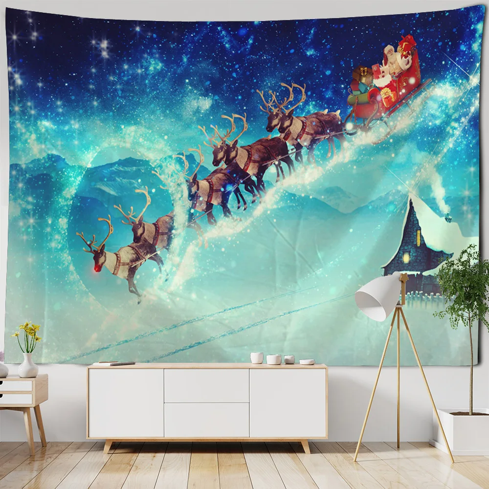 

Christmas tapestry wall hanging Christmas tree, snow view, starry sky, Santa Claus, elk bedroom, living room, holiday decoration