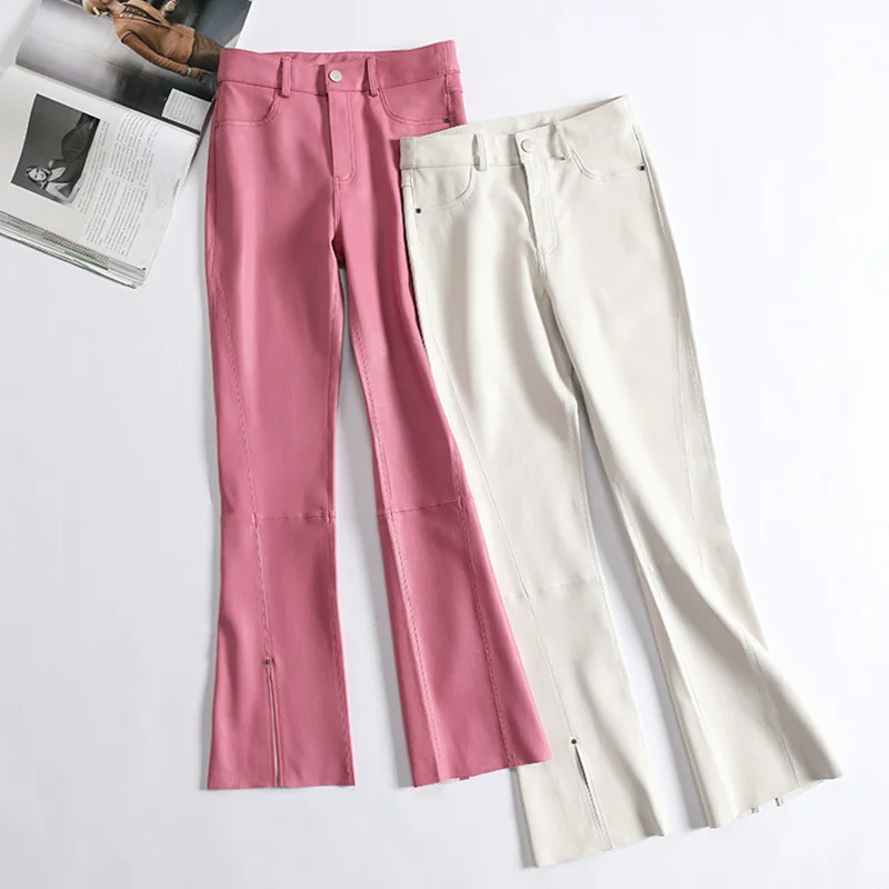 

Leather Stretch Pants Women's Spring And Autumn Slim Micro Flared Trouser Sheepskin Trousers Long