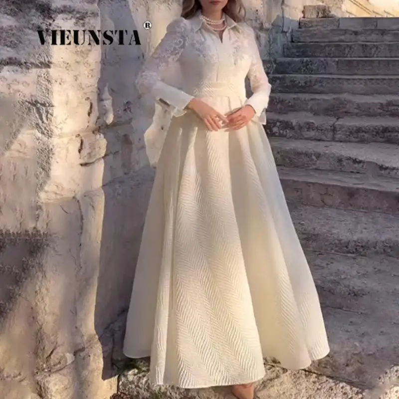 Women Elegant Beaded Embroidery Long Sleeve Dress Lady Slim Lapel Banquet Dresses 2024 New Sexy Lace Stitching White Maxi Dress
Women Elegant Beaded Embroidery Long Sleeve Dress Lady Slim Lapel Banquet Dresses 2024 New Sexy Lace Stitching White Maxi Dress
