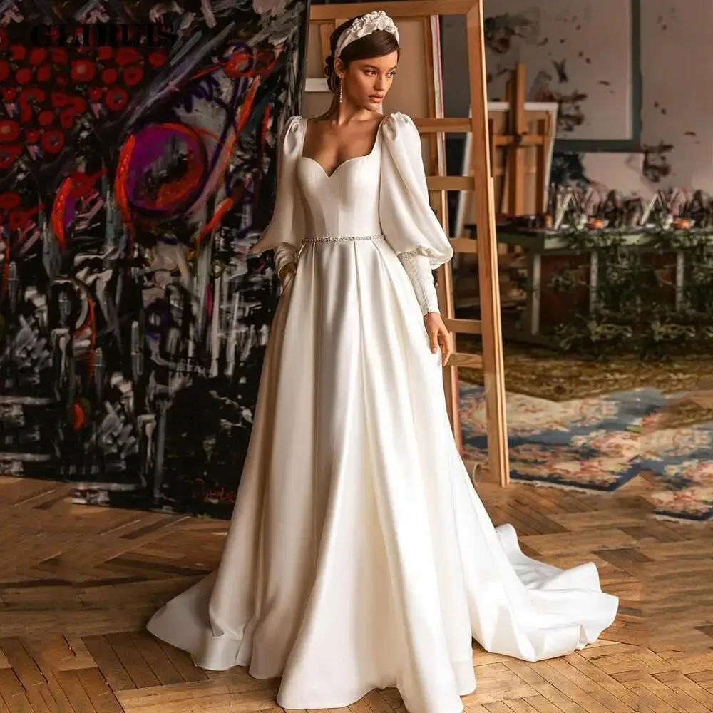 

2022 A-Line Satin Wedding Dresses Sweetheart Long Puffy Sleeves Bridal Gowns Beading Belt Brides Dress Robes de mariée