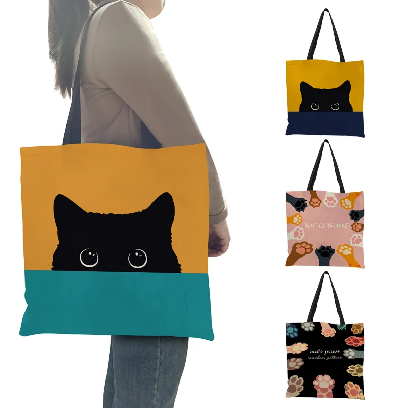 

Casual Tote Bag Cute Pet Black Cat Paw Print Women Shoulder Bag Handbag Ladies Eco Reusable Shopper Bags for Grocery Shopping