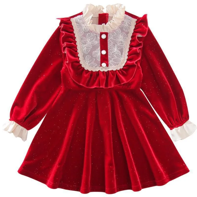 Girls Gold Velvet Dresses Autumn Winter Red Lace Ruffles Collar Midi Dress Christmas Beading Patchwork Kids Party Princess Dress
Girls Gold Velvet Dresses Autumn Winter Red Lace Ruffles Collar Midi Dress Christmas Beading Patchwork Kids Party Princess Dress