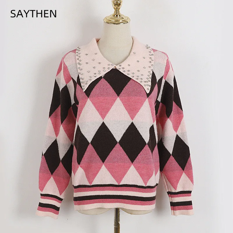 SAYTHEN Autumn Winter 2022 Women Fashion Diamond Inlaid Diamond Contrast Color Peter Pan Collar Knitwear Sweet Sweater Pullover
SAYTHEN Autumn Winter 2022 Women Fashion Diamond Inlaid Diamond Contrast Color Peter Pan Collar Knitwear Sweet Sweater Pullover