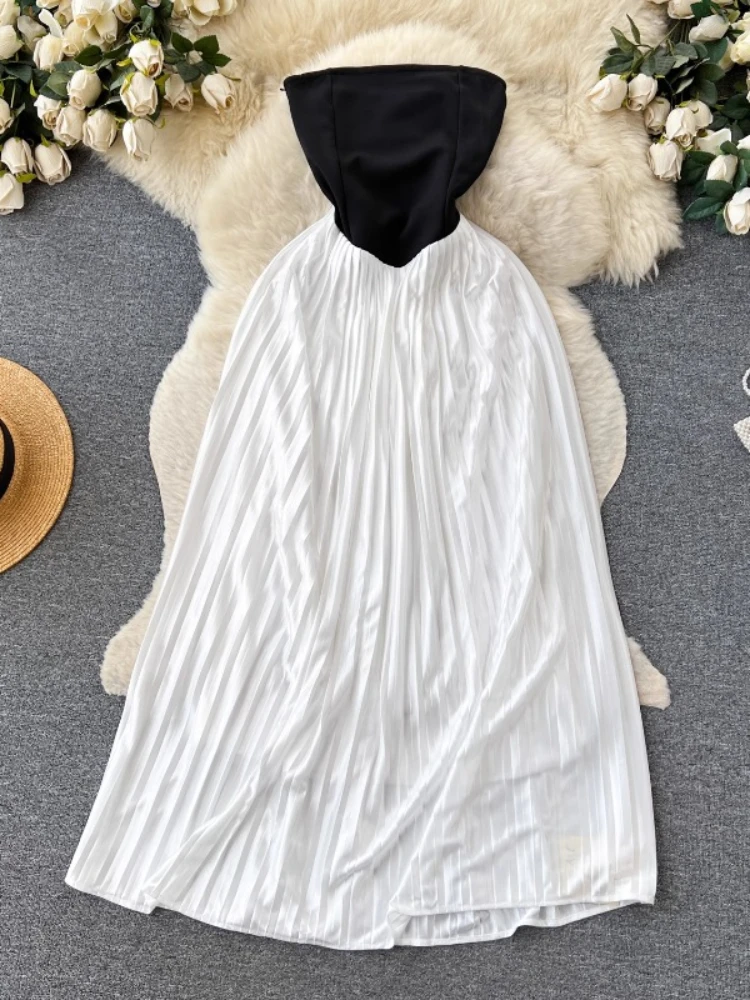 

Женское пикантное пляжное платье, летнее винтажное облегающее ТРАПЕЦИЕВИДНОЕ лоскутное черно-белое шифоновое платье с высокой талией, элегантное плиссированное платье