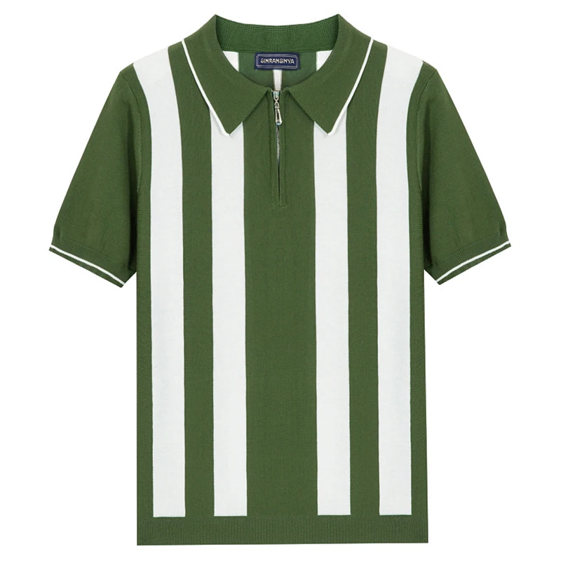 

Vintage Striped Knitting Mens Polo Shirts Casual Breathable Slim Stretch Knit Polos Men Summer Short Sleeve Lapel Zipper T Shirt