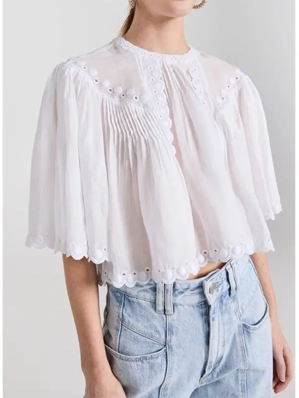 

Women's Shirt Embroidered O-neck Hollow Sheer Summer New Ladies Temperament OL Batwing Sleeve Tops