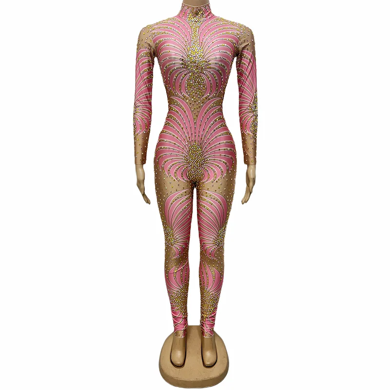 

Pink Rhinestones Printing Nude Stretch Tight Jumpsuit Women Party Birthday Crystal Bodysuit Singer Dancer Leotard Stage Costume