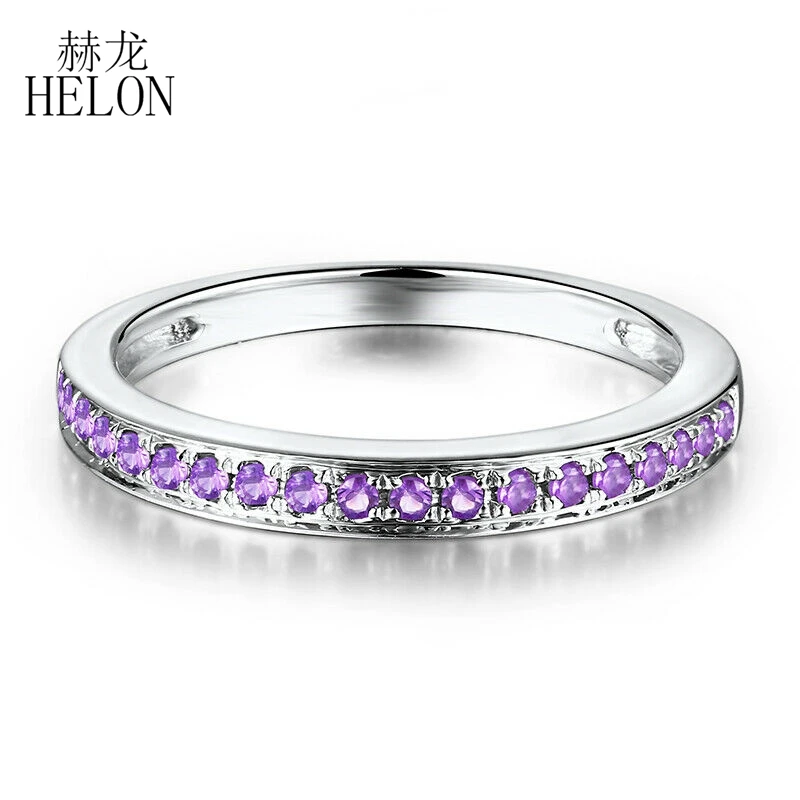 

HELON Solid 14k 10K White Gold Round Genuine Natural Amethyst Gemstone Ring Women Engagement Wedding Fine Jewelry