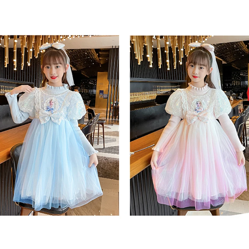 

Miniso кавайное платье принцессы Эльзы для девочек на весну и осень новое трикотажное платье с длинным рукавом в мультяшном стиле с замороженным рисунком детское платье на день рождения