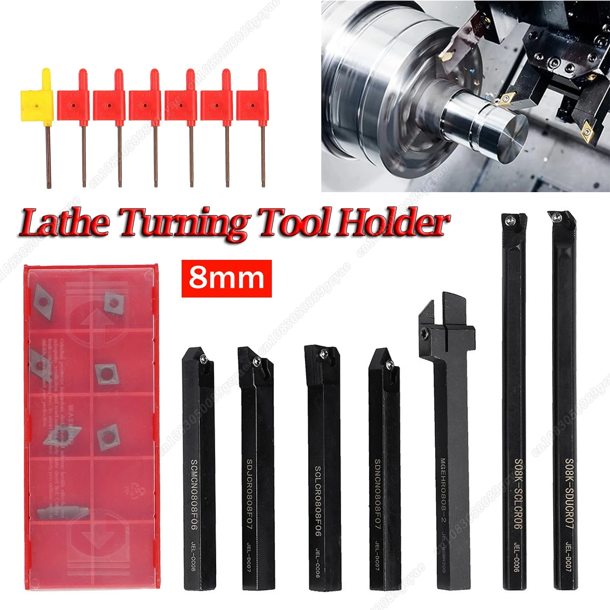 

7Pcs 8mm Shank Metal Lathe Tools 45HRC Lathe Boring Bar Turning Tool Holder Set With Carbide Inserts Machining For Semi-finish