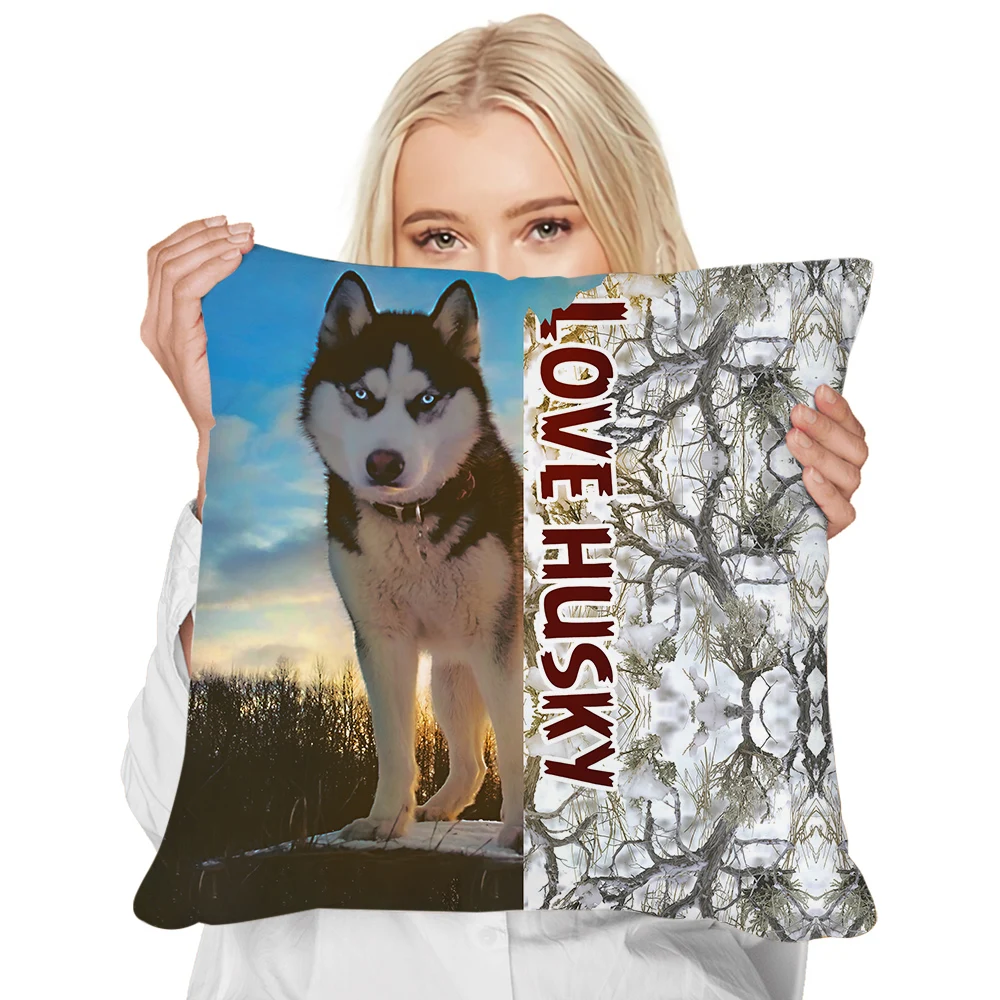 

HX Fashion Animal Cover Cushion Love Husky Splicing 3D Printed Throw Pillows Polyester Zip Pillow Cover Home Decor 40x60cm