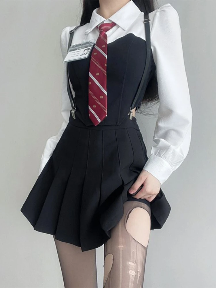 Комплект из двух предметов HOUZHOU в стиле преппи, Женская пикантная облегающая плиссированная мини-юбка с высокой талией, винтажная школьная форма, короткий топ с длинным рукавом 
Комплект из двух предметов HOUZHOU в стиле преппи, Женская пикантная облегающая плиссированная мини-юбка с высокой талией, винтажная школьная форма, короткий топ с длинным рукавом