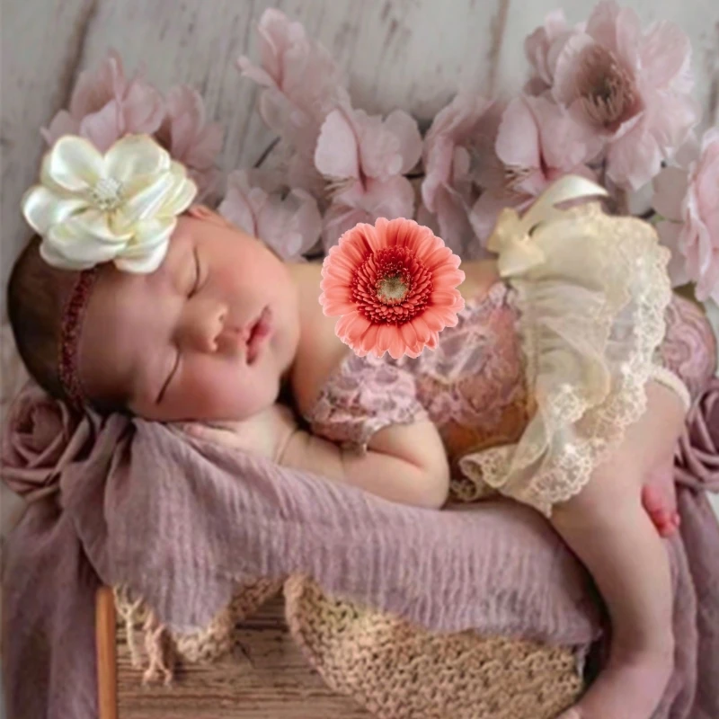 

Baby Girls Photography Props Lace Dress Jumpsuit Floral Hairband Newborn Photo Props Photoshoot Headband Photo Outfit Dropship