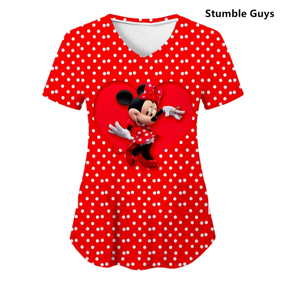 

Pocket Woman Clothes Stitch T Shirt Hospital T-shirts Summer Tops Minnie Mouse Mickey T-shirt Nurse Uniform Top Women 2024 Tees