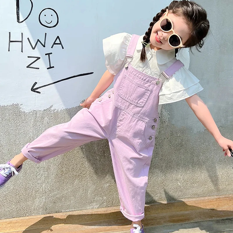 

Fantasy purple Girls Overalls Middle Big Children's Loose Overalls Children's Casual Cropped Pants Summer Thin Suspenders