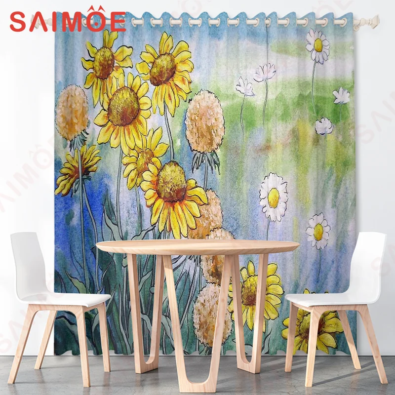 

3D Classic Pastoral Sunflower Plants Curtains Customized Natural Scenery Thin Polyester Fabric Office Home Decoration with Hooks