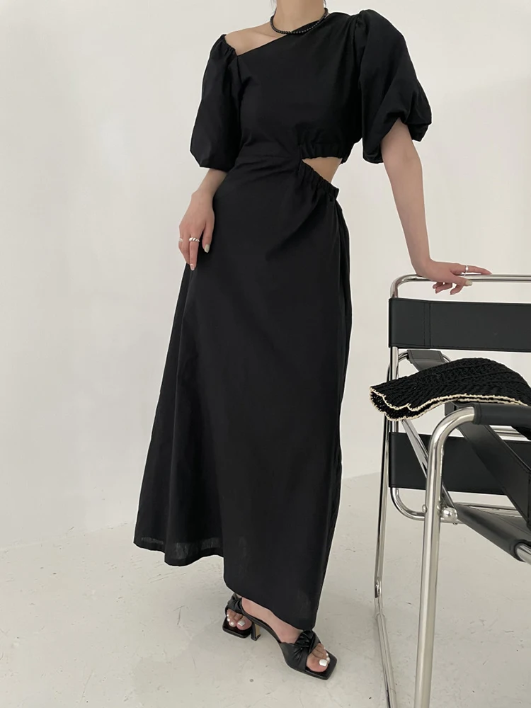 

QOERLIN Elegant Women Spring Fall Maxi Dress Fashion Skew Neck Short Sleeve Solid Long Shirt Dress OL Vestidos Robe Black White