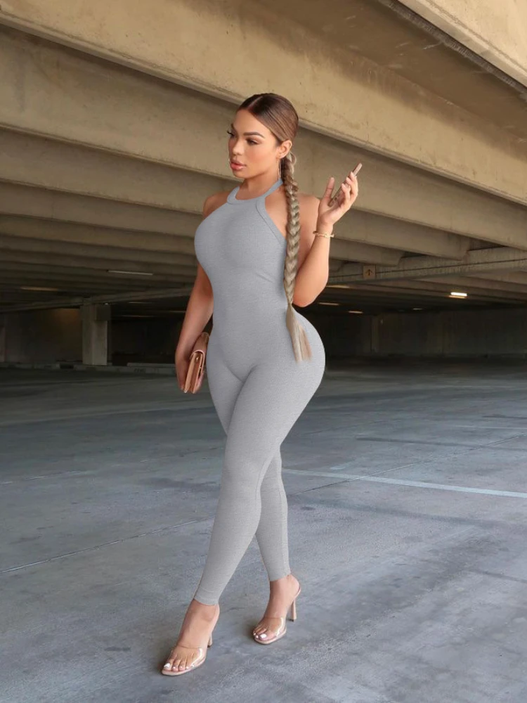 

Women's Summer Sporting Criss Cross Backlless Rib Bodysuits Fashion Yoga Off The Shoulder Sleeveless Fitness One Piece Overalls