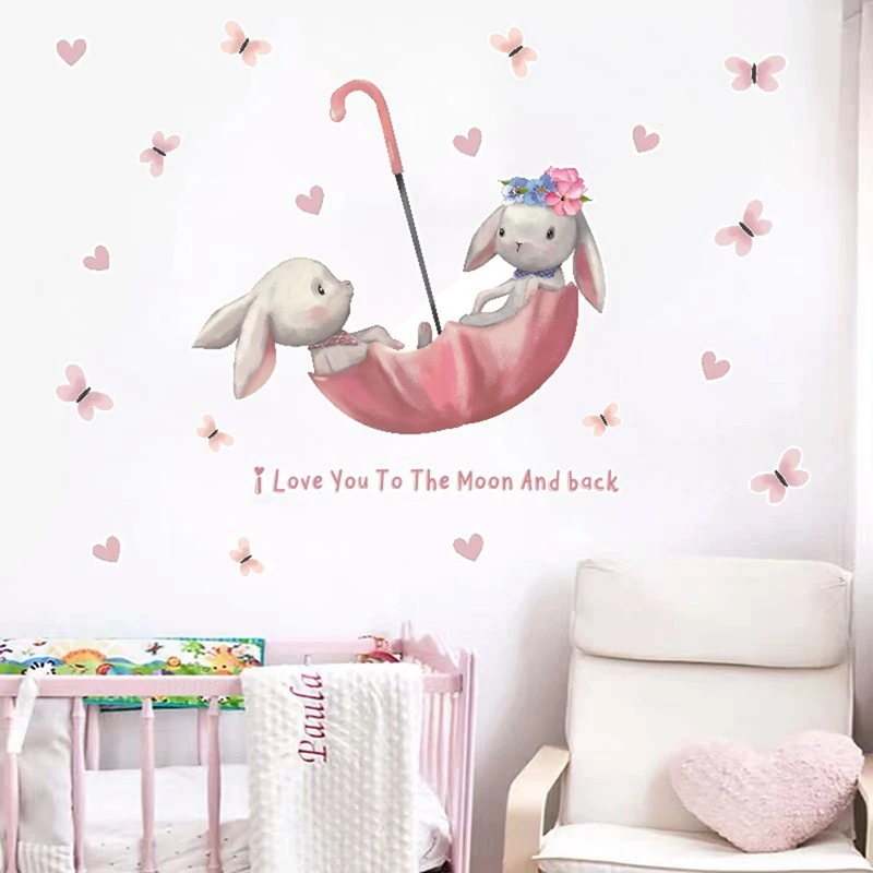 

Cartoon Rabbit Butterfly Umbrella Bunny Wall Stickers For Kids Room Baby Room Decor Wall Decals Room Interior