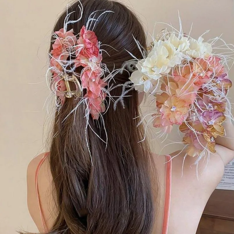 

1pc Feather Flower Hair Claw Sweet Fairy Style Hair Accessory For Daily Wear For Forest Girls Spring Summer Fashion Headwear