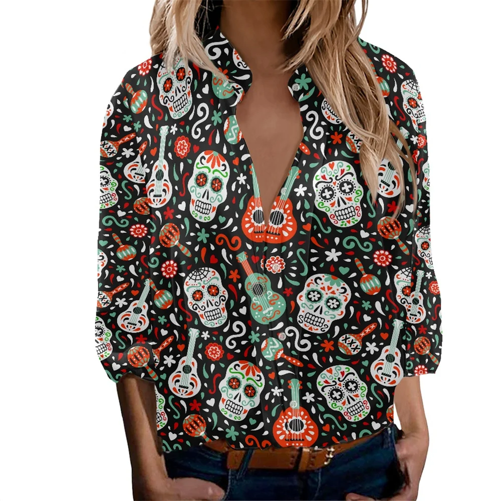 Loose Fashion Casual Tops Candy Skull Colorful Guitar Dia De Los Muertos Print Female Casual Turn-down Collar Long Sleeve Blouse
Loose Fashion Casual Tops Candy Skull Colorful Guitar Dia De Los Muertos Print Female Casual Turn-down Collar Long Sleeve Blouse