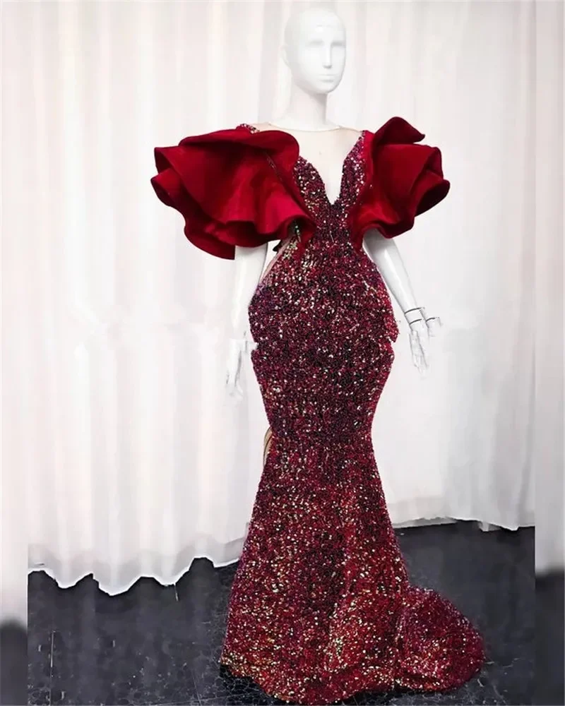 

Burgundy sexy V-neck shimmering mermaid sequin wrap hip evening gown with ruffled sleeves plus size PROM party gown Custom