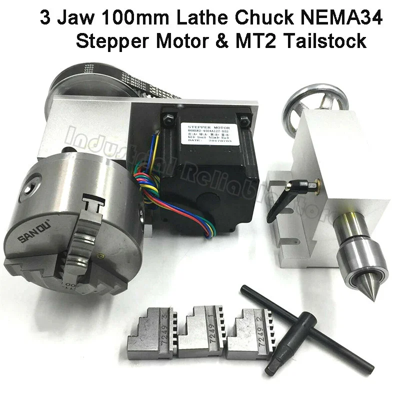 

CNC Rotary Axis 4th-axis Centre Height 65mm 3 Jaw 100mm Lathe Chuck NEMA34 Stepper Motor&MT2 Tailstock Milling Machine Part Tool