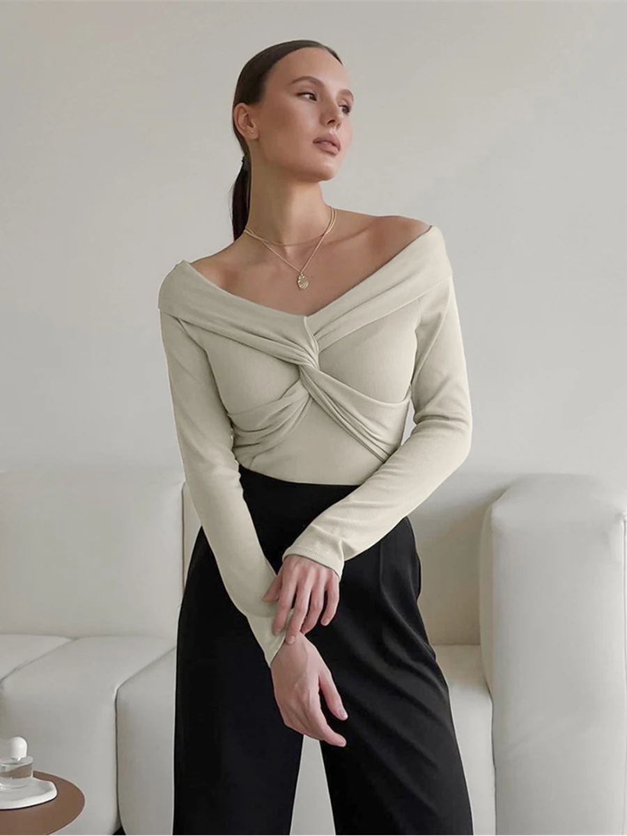 

Overlap Sexy Ribbed Knitted Tees Slash Neck Long Sleeve Inner Autumn Tops Office Lady Cross Khaki Pullover Tops 2023