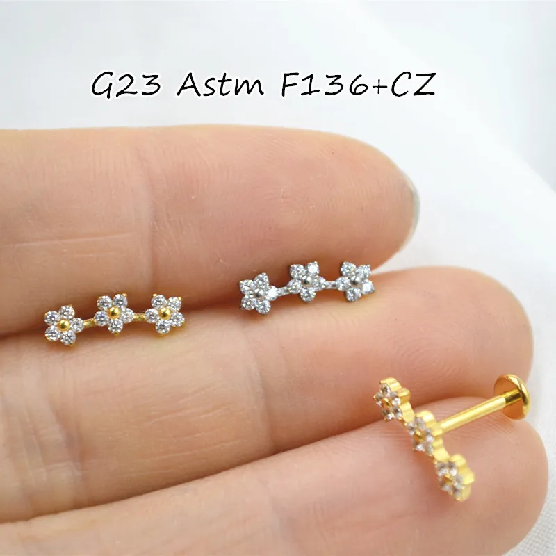 

10pcs Body Jewelry 16G G23 Astm F136 3 Flowers CZ Gem Lip Labret Bar Ear Helix Tragus Rook Barbells Stud Piercing Jewelry New