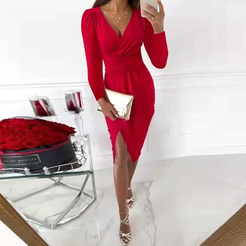 Элегантное женское облегающее платье с V-образным вырезом, весеннее однотонное необычное женское платье с разрезом, Осеннее модное офисное женское платье с длинным рукавом 
Элегантное женское облегающее платье с V-образным вырезом, весеннее однотонное необычное женское платье с разрезом, Осеннее модное офисное женское платье с длинным рукавом