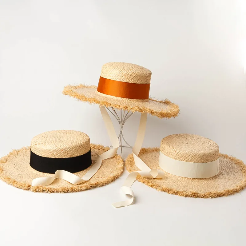

X329 Adult Summer Straw Hat Raffia Straw Hand Woven Wide Brim Summer Cap Polished Lafite Grass Flat Top Hat Sunshade Beach Cap