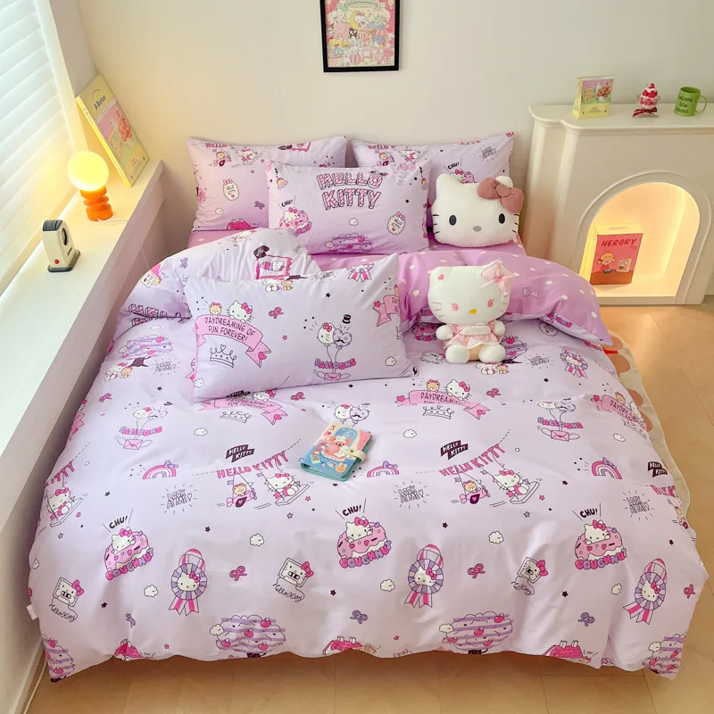 

Cartoon Miniso Hello Kitty Cinnamoroll My Melody Kuromi 1.2M Bed Pure Cotton Sheets Quilt Cover Pillowcase Three-Piece Set