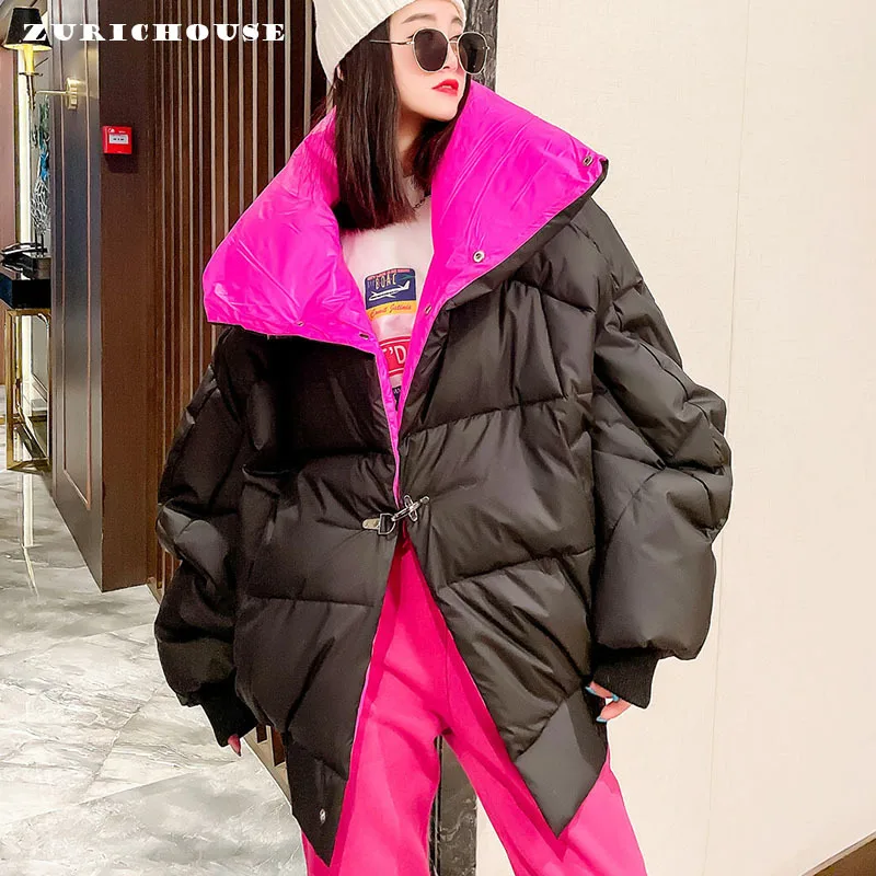 

ZURICHOUSE Casual Oversized Bat Sleeved Winter Jacket Women Stylish Hit Color Liner Warm Stand Collar Puffer Parkas Coat Female