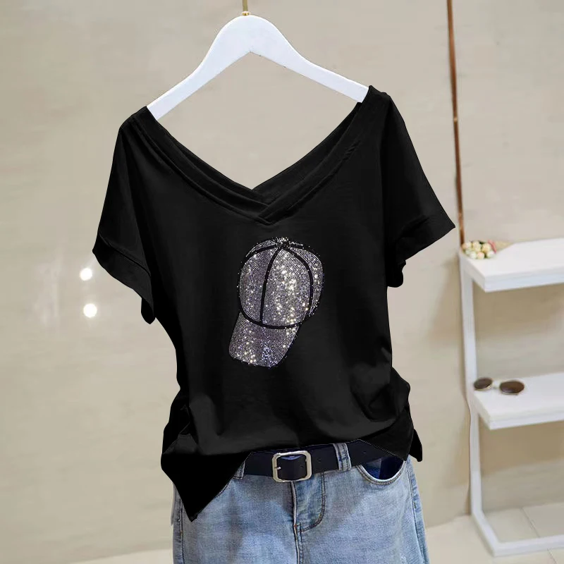 

LKSK New Summer V-neck Patchwork with Contrasting Split Short Sleeved Pure Cotton Fashion T-shirt and Hot Diamond Top for Women