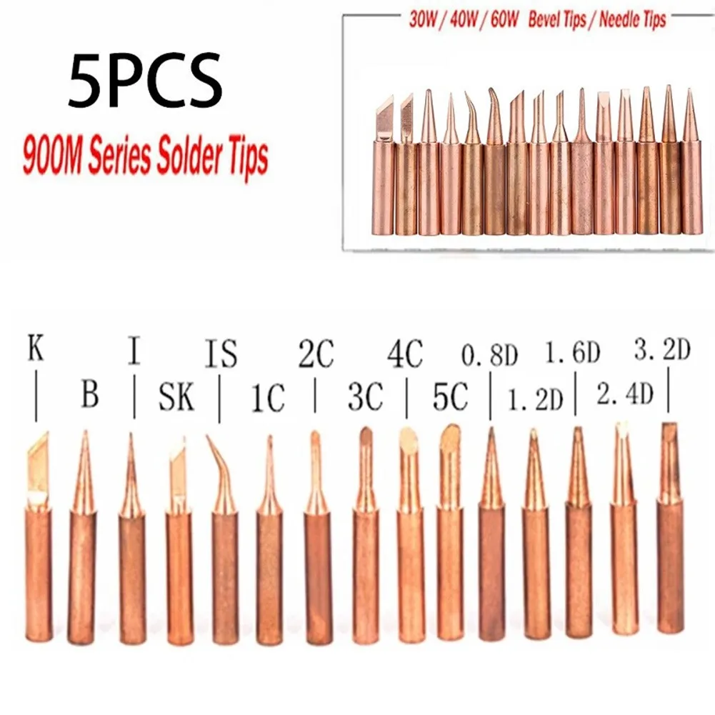 

5Pcs 900M-T-I 900M-T-IS/B/K/SK 0.8D-3.2D/1C-4C Pure Copper Iron Tip Soldering Tip Rework Station Welding Head BGA Soldering Tool