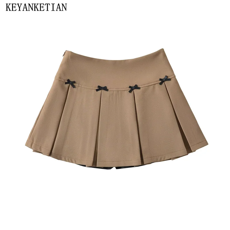 

KEYANKETIAN 2024 New Launch Preppy Style Bow Decoration Wide-pleated Mini Skirt Side Zipper High-waisted Women's A-line Skirt