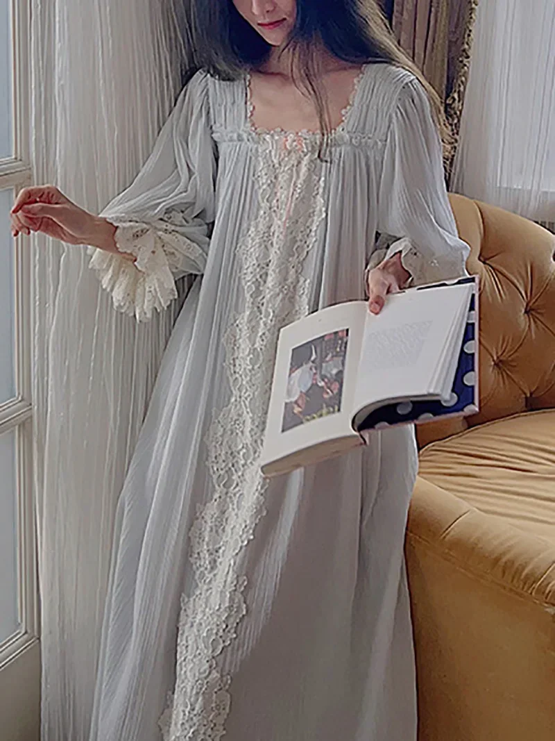 

Women Pure Cotton French Fairy Pajama Nightdress Vintage Princess Loose Long Sleeve Spring Autumn Victorian Nightgowns Sleepwear